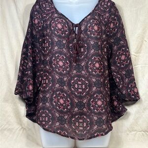 Maurices Dark Patterned Blouse with Pink Accents